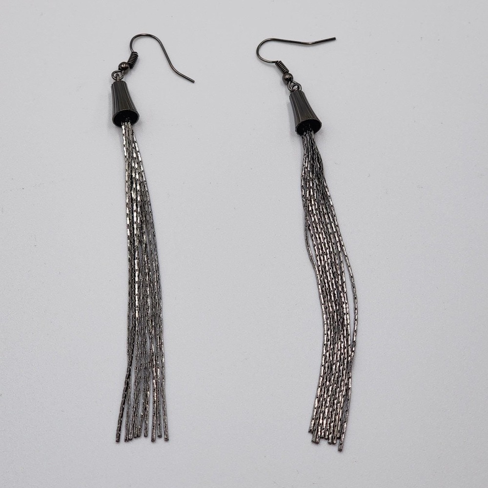 Vintage Fashion 80's Black Gun Metal Chain Dangle Large‎ Drop Earrings 4"